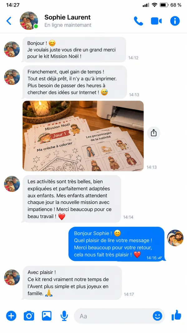 Message de Sophie avec la photo du kit imprimé